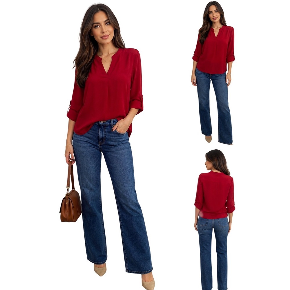 Timeson Womens Red V Neck Roll Tab Sleeve Chiffon Blouse Top Red Small